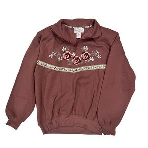 Bonnie Evans True Vintage Embroidered 1/4 Zip Plum Pullover Sweatshirt Sweater L